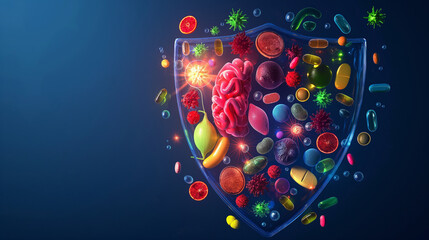 A shield-shaped organ surrounded by vibrant icons of vitamins and antioxidants, symbolizing the immune system's protective barrier against illness.