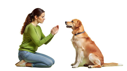"Focused Woman Training Her Obedient Dog": A focused woman training her obedient dog in a training class, showing dedication and training.