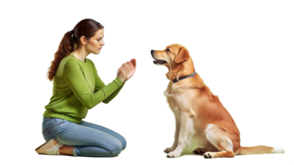 "Focused Woman Training Her Obedient Dog": A focused woman training her obedient dog in a training class, showing dedication and training.