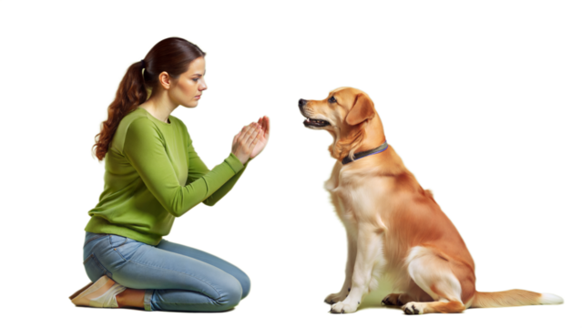 "Focused Woman Training Her Obedient Dog": A focused woman training her obedient dog in a training class, showing dedication and training.