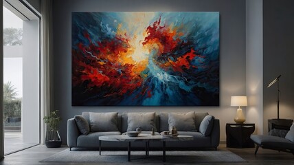 Dramatic abstract painting in contemporary living room. Fiery red, orange, and blue swirls on large canvas, dark interior. AI-generated