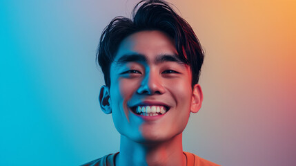 Fototapeta premium A vibrant shot of a young Asian man with a radiant smile, posed in front of a smooth, solid-color background, emphasizing his youthful beauty.