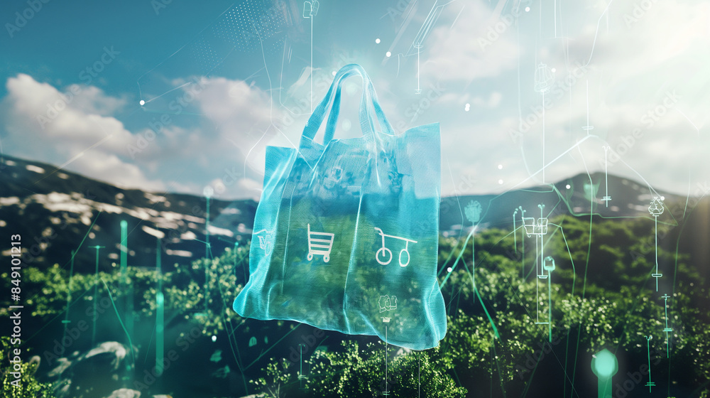 Aufkleber a futuristic rendering of a reusable bag floating in a digital landscape, surrounded by data points 