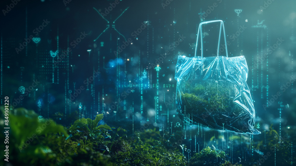 Poster a futuristic rendering of a reusable bag floating in a digital landscape, surrounded by data points 