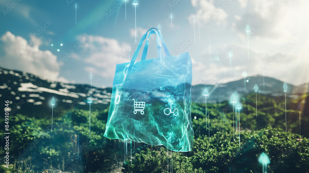 Aufkleber a futuristic rendering of a reusable bag floating in a digital landscape, surrounded by data points 