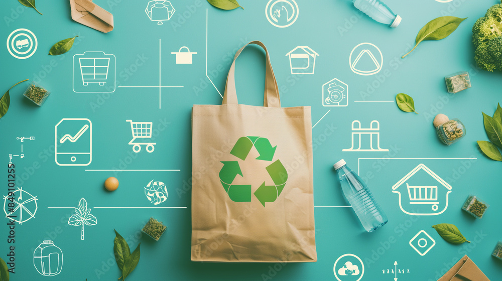 Poster a dynamic composition featuring a reusable bag surrounded by icons representing eco-friendly packagi
