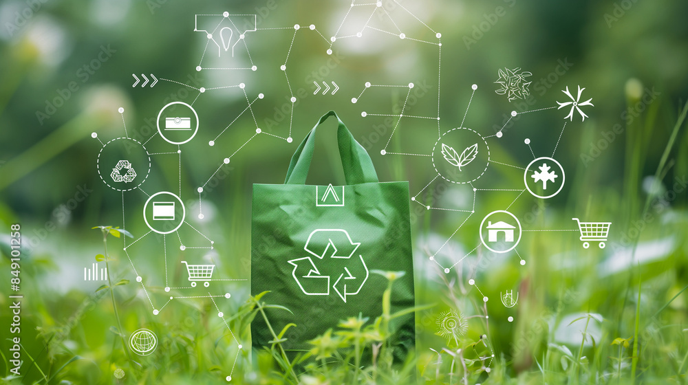 Poster a dynamic composition featuring a reusable bag surrounded by icons representing eco-friendly packagi