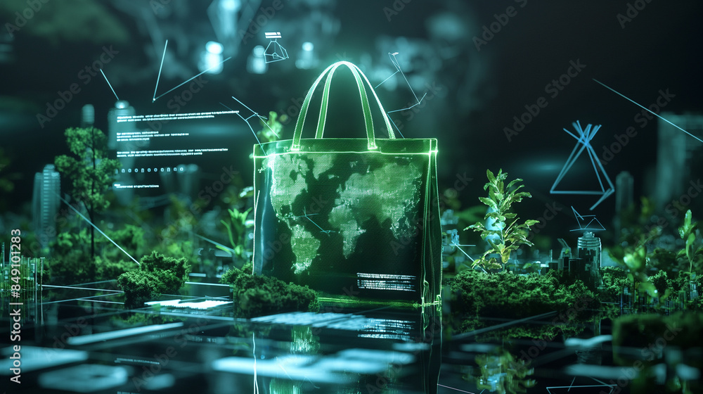 Poster a futuristic concept depicting a reusable bag floating in a digital environment, surrounded by virtu