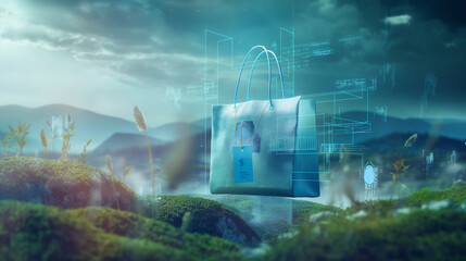 A futuristic rendering of a reusable bag floating in a digital landscape, surrounded by data points representing carbon offsetting efforts and ethical sourcing practices in e-comme
