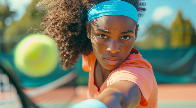 Close-up shot of an African American woman playing tennis, wearing a bright coral t-shirt and blue headband with curly hair in a ponytail hairstyle, hitting the ball over the net. Bright sunny day.