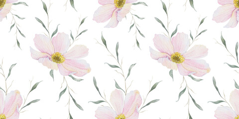 Print of pink and white Cosmea flowers. Cosmos bipinnatus. Hand drawn watercolor seamless pattern of Mexican aster. Summer floral background for wedding design, textiles, wrapping paper, scrapbooking