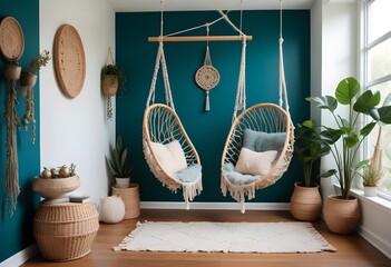 interior design style- reading nook with a hanging rattan chair, cozy floor pouf, and a macrame wall hanging