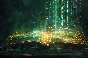 a futuristic magical book covered in binary code, combining magic and science. mystical symbols and technological patterns, highlighting the fusion of technology and magic