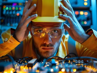 Stressed IT technician working on server with motherboard in data center.