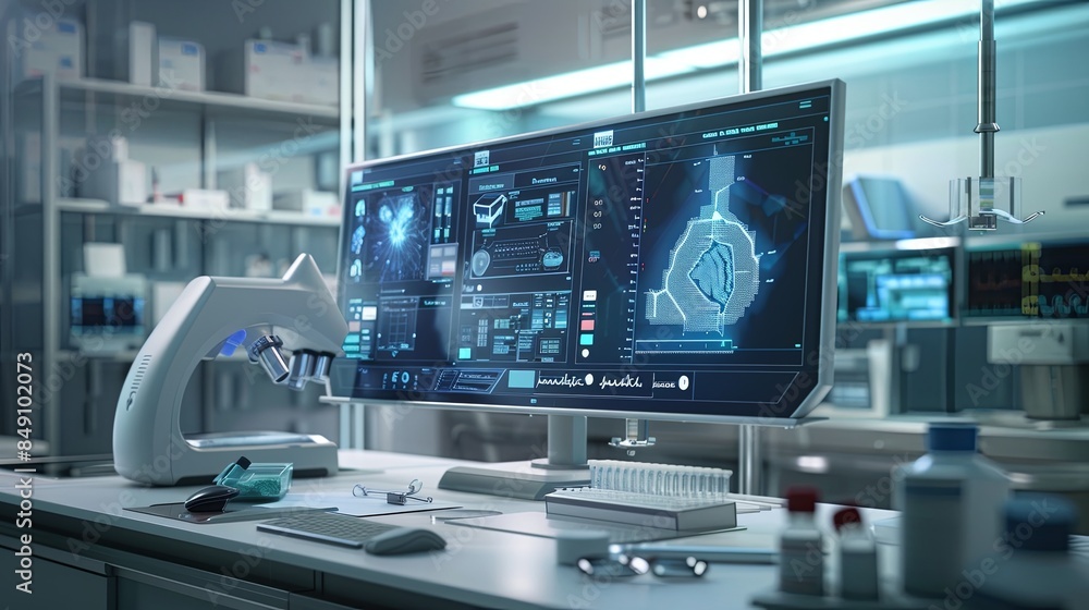 Aufkleber a modern medical laboratory featuring a high-tech computer screen displaying patient data being anal