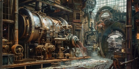 a image of a steam engine in a large industrial building