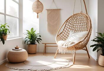 interior design style- reading nook with a hanging rattan chair, cozy floor pouf, and a macrame wall hanging
