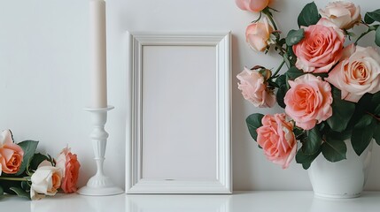 Minimalist white frame mockup with pink and orange roses on the right side, and an empty candlestick next. The plain white background.
