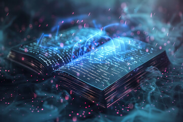 a futuristic magical book covered in binary code, combining magic and science. mystical symbols and technological patterns, highlighting the fusion of technology and magic