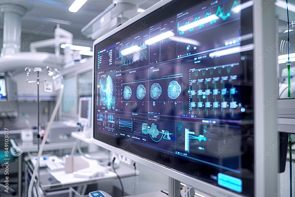 Fototapete A modern medical laboratory featuring advanced equipment, including a large screen displaying AI-powered diagnostics and patient data analysis. Generative AI