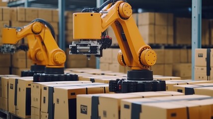 Fototapeta premium Smart robot arm systems for innovative warehouse and factory digital technology . Automation manufacturing robot controlled by industry engineering
