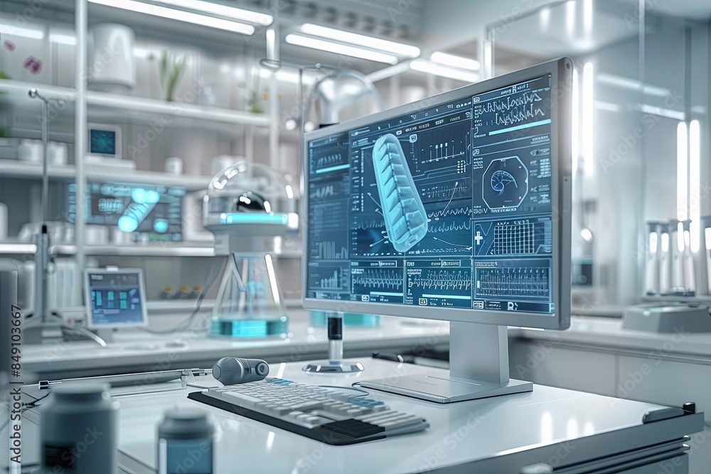 Poster A modern medical laboratory with advanced equipment and an AI-powered diagnostic tool analyzing patient data on a large screen. Generative AI