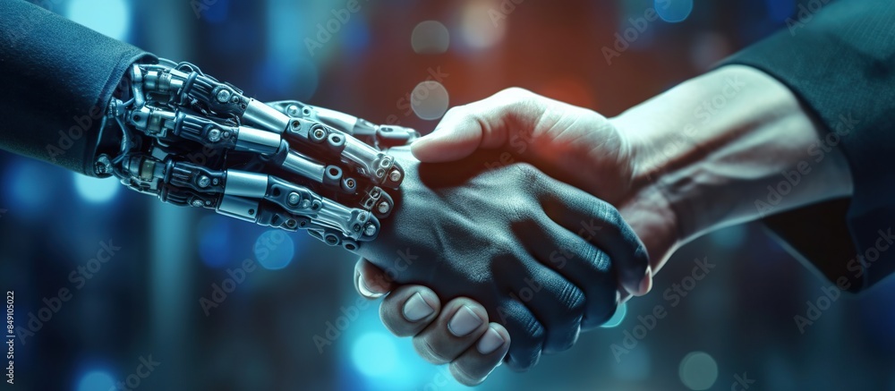 Poster Cyber communication and robotic concepts. Robot and Engineered human holding hand with handshake and graphic for background