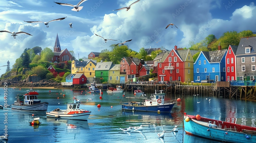 Wall mural a beautiful harbor with colorful houses and boats. the water is calm and clear. the sky is blue and  - Wall murals