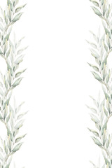 Green branches with leaves. Hand drawn watercolor frame of Twigs. Summer floral template for wedding design, textiles, wrapping paper, scrapbooking