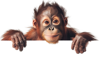 Cute orangutan looking over the edge of billboard, isolated on transparent background. 