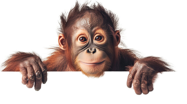 Cute orangutan looking over the edge of billboard, isolated on transparent background. 