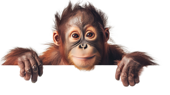 Cute orangutan looking over the edge of billboard, isolated on transparent background. 