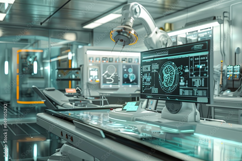 Leinwandbilder A futuristic medical laboratory with a high-tech scanner analyzing patient data on a large screen. The lab is equipped with advanced medical equipment. Generative AI