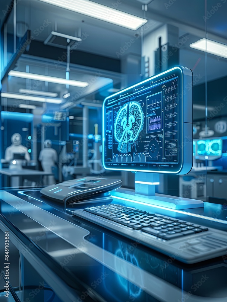 Poster a modern medical laboratory features a computer displaying an ai-powered diagnostic scan of a patien
