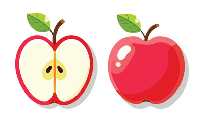 Tasty and colorful red apple and half a red apple in flat style. Set of cartoon character in vector illustration