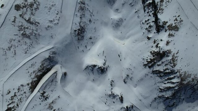 Aerial video over Coll blanc KSB ski resort, Andorra in a snowy winter