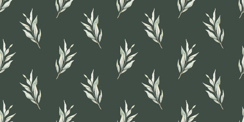Obraz premium Green branches with leaves. Hand drawn watercolor seamless pattern of Twigs. Summer floral background for wedding design, textiles, wrapping paper, scrapbooking