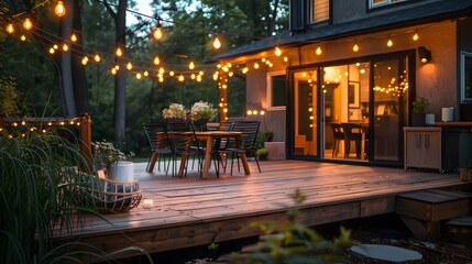 The backyard deck with string lights and outdoor dining area at night. creating an inviting atmosphere for casual gatherings or social events.