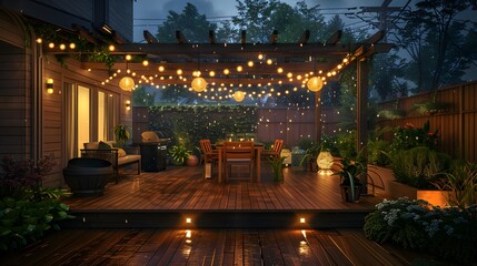 The backyard deck with string lights and outdoor dining area at night. creating an inviting atmosphere for casual gatherings or social events.