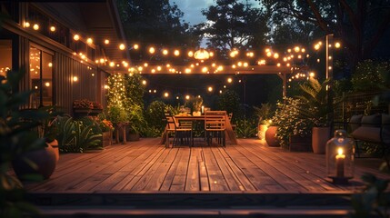 The backyard deck with string lights and outdoor dining area at night. creating an inviting atmosphere for casual gatherings or social events.