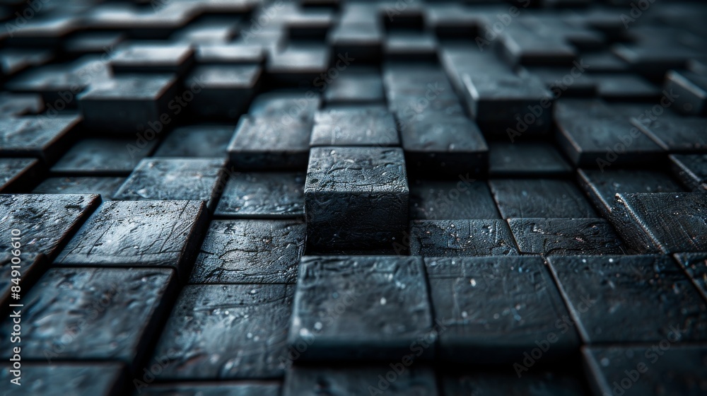 Poster macro shot focusing on an uneven surface created by numerous textured black cubes casting shadows