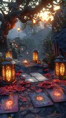 Obraz premium Mystical Gypsy Lanterns Illuminating a Serene Autumn Woodland Setting for Card Reading