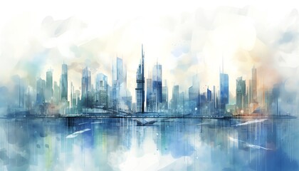Obraz premium Abstract watercolor cityscape with towering skyscrapers reflected in a calm water surface, blending soft blues and warm hues for a serene ambiance.