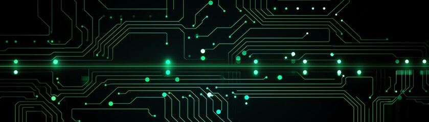 Futuristic circuit board with glowing green lines and technology background abstract for digital and electronic designs.