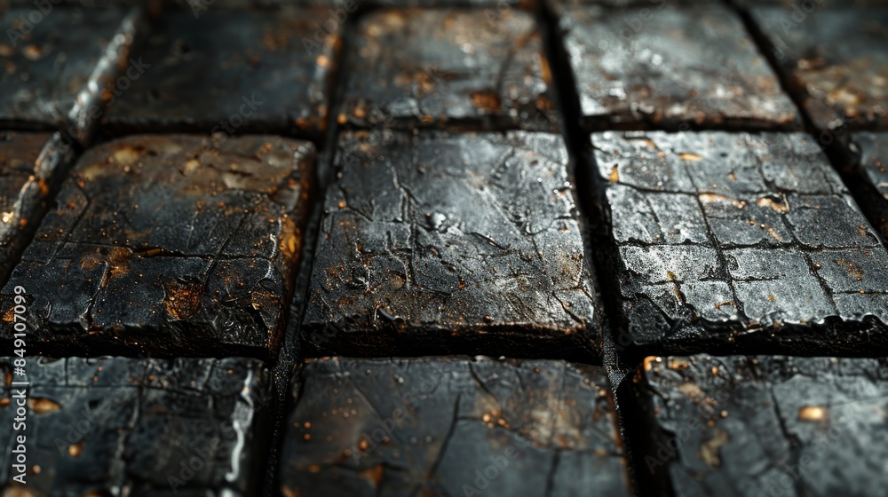 Poster a macro shot captures the texture and details of aged, cracked dark stone tiles with hints of rust