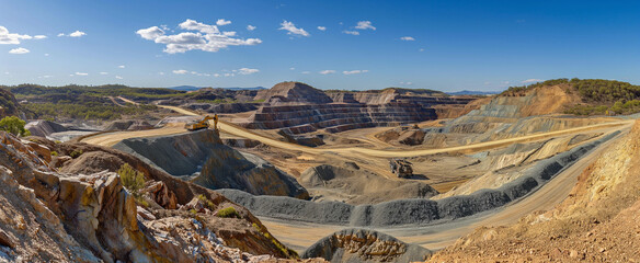 A view of an open-cut gold mining operation in remote Australia, displaying the mining pit and spoil piles