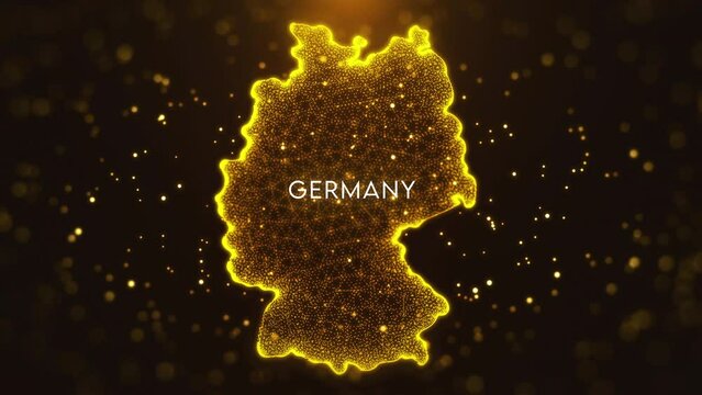 Digital Space Golden Yellow Shiny Blurry Focus Wavy Glitter Sparkle Dust Particles of Germany Map and Text Motion Reveal with Light Flare