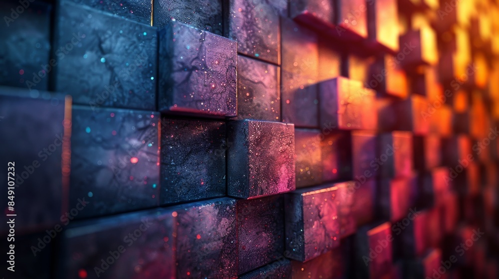 Poster vibrant 3d cube wall with a colorful, illuminated texture creates an appealing visual effect
