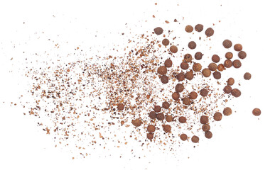  Allspice, pimento spice, Jamaican pepper and shavings isolated on white background and texture, macro