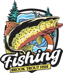 Vector Illustration of Brook Trout Fish with Float Tire and Waves in Natural View with Vintage Illustration Available for Fishing Logo